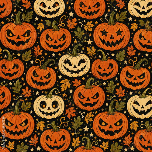 Colorful halloween seamless pattern with smiling jack o lantern pumpkins orange cream and black faces stars leaves and playful spooky motifs for fabric wallpaper wrapping paper and seasonal decor