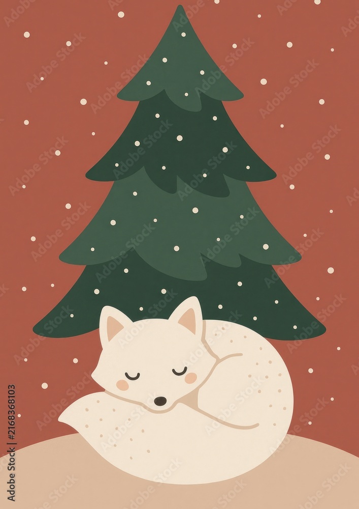 Naklejka premium Cozy fox under snowy tree.