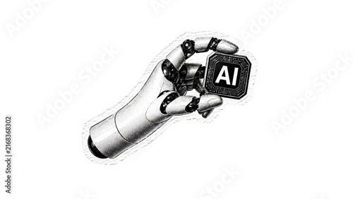 Halftone Robotic Hand Holding AI Chip Illustration, Artificial Intelligence and Machine Technology Concept in Distressed Torn Paper Collage Style