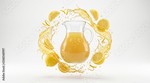 3D Render of a Lemon Juice Pitcher with Dynamic Liquid Splash and Floating Lemons