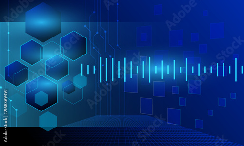 abstract blue hexagon shapes with electronic circuit lines connecting cyberspace futuristic with neon shine light high technology background