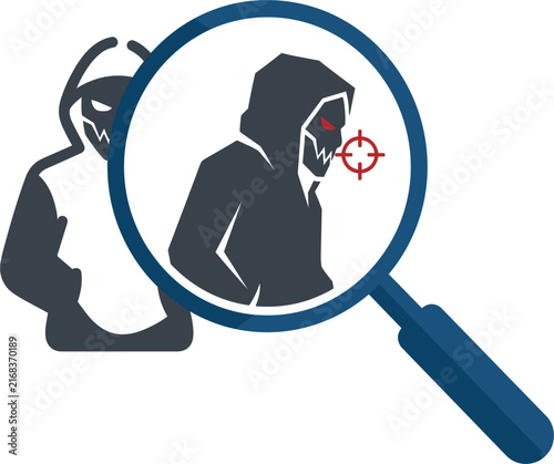 Hacker silhouette identified through magnifying glass vector illustration representing cybercrime detection and online threat investigation