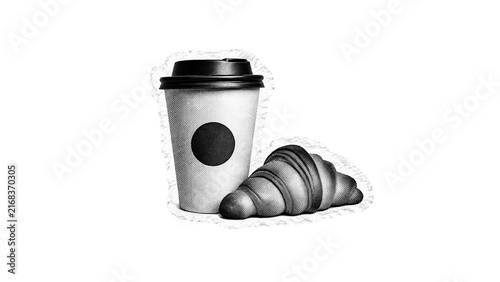 Halftone Coffee Cup and Croissant Breakfast Still Life, Morning Beverage and Pastry Concept in Distressed Torn Paper Collage Style with Cut-Out Illustration