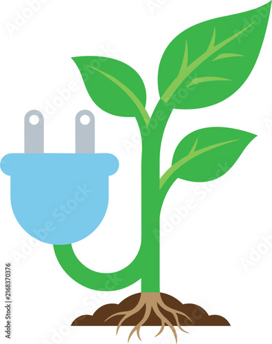 Green plant growing from electrical plug vector illustration representing renewable energy, sustainability, and clean power growth