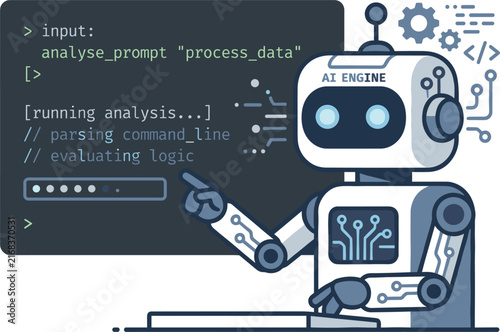 AI robot engine analyzing code and data on terminal screen vector illustration representing artificial intelligence programming and automation