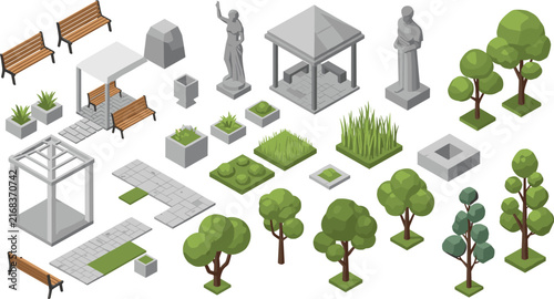 Isometric public park elements collection with benches, trees, statues, pergola, pathways, planters and outdoor landscaping objects