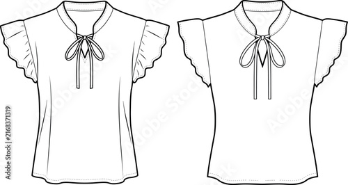 Fashion technical flat sketch vector illustration set of women tie neck flutter sleeve blouse front and back view