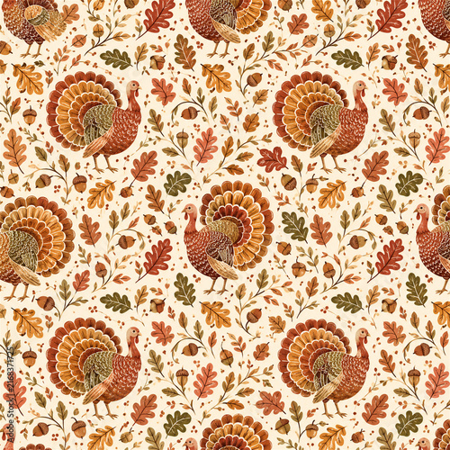 Vintage thanksgiving turkey seamless pattern with ornate birds autumn foliage berries flowers and botanical details in warm earthy colors for fabric wallpaper wrapping paper and seasonal backgrounds