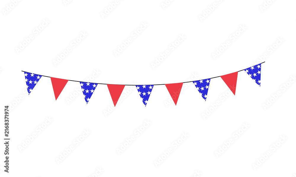 Obraz premium Patriotic bunting banner with red and blue starpatterned triangular flags isolated on transparent background