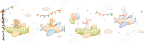 Seamless border with cute goose, bear and rabbit flying vintage plane and colorful flags garland. Childish characters for kids. Watercolour illustrations on isolated repeating background for birthday
