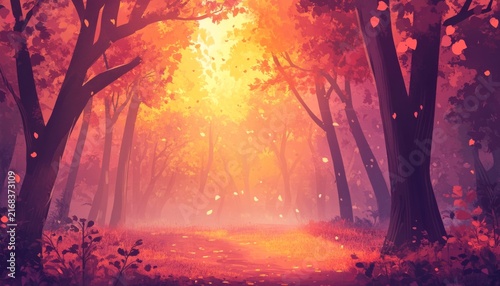 Vibrant autumn forest scene with golden sunlight filtering through colorful foliage and leaves gently falling on a serene path