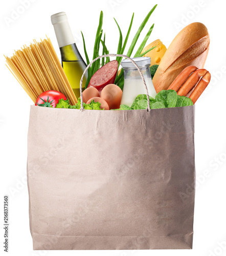 Obraz na plátně Paper shopping bag filled with fresh groceries, healthy vegetables and food prod