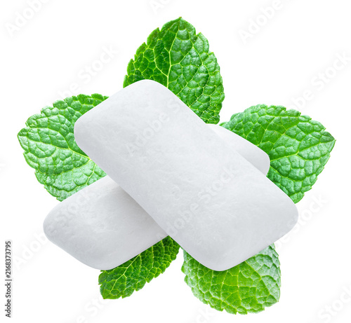 Quadro su tela White mint chewing gum pads with fresh green mint leaves for dental care and den
