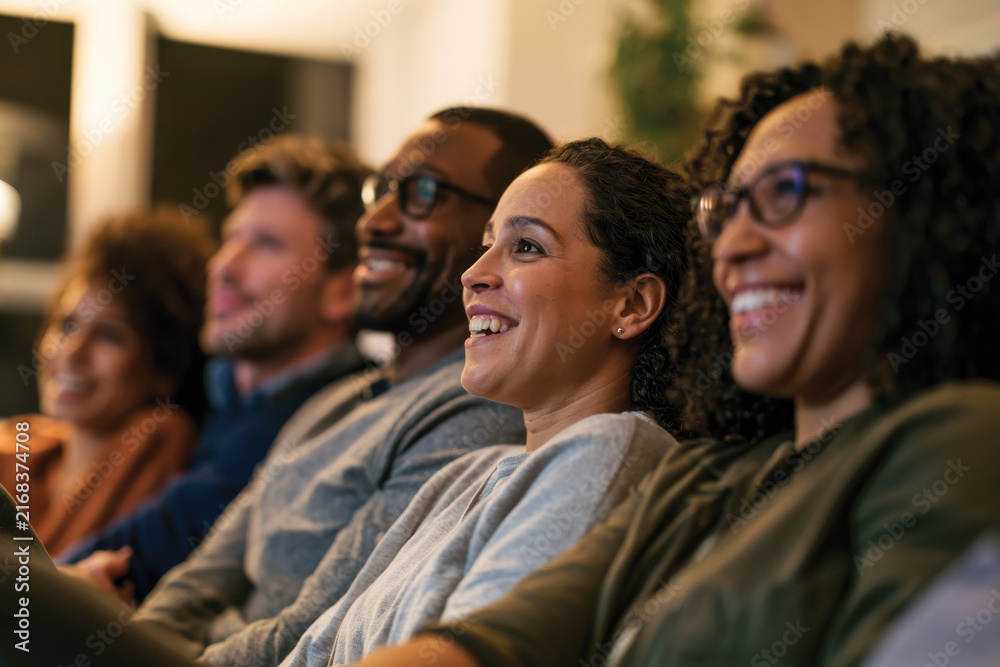 Fototapeta premium A group of friends smiles while watching a movie at home, showcasing the joy and connection shared during relaxed evenings filled with laughter and entertainment.