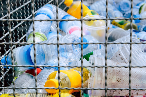 Image of Plastic bottles and containers prepared for recycling