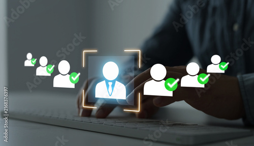 Obraz na plátně Business interview process with corporate team analyzing job applications, comparing candidates, and selecting qualified professionals for employment opportunities and company growth