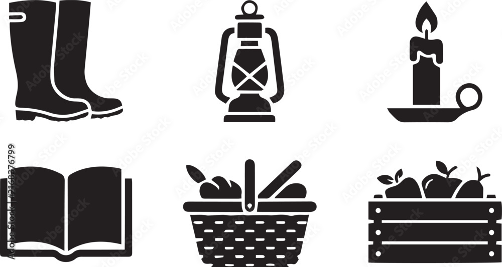 Naklejka premium Autumn harvest and cozy cottage vector icon set, rubber boots, oil lamp, burning candle, open book, harvest basket and apple crate illustration