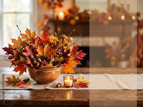 Autumn maple leaf centerpiece in a rustic bowl with a candle on a wooden table