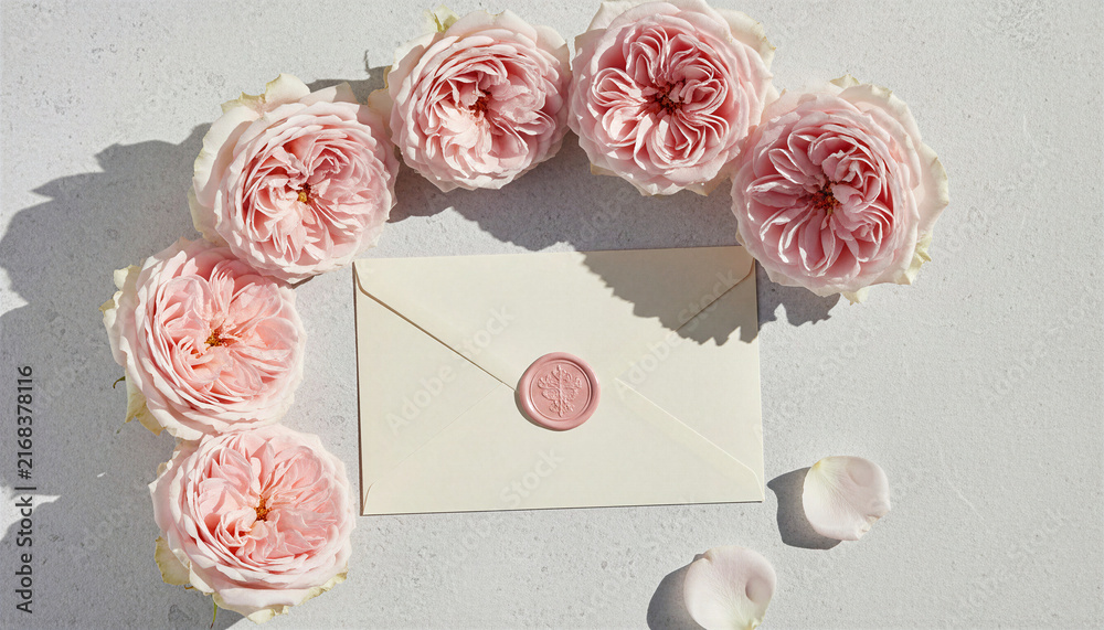 Fototapeta premium Closed wedding invitation envelope with pink roses