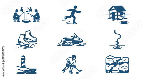 Winter recreation icons depicting ice fishing, skating, and cold climates.