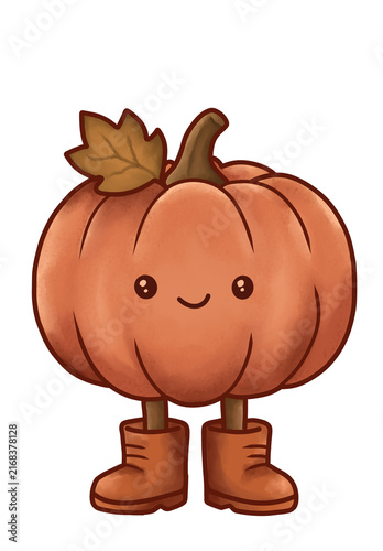 Kürbisfigur im Herbst mit Blatt und braunen Stiefeln, Herbstmptiv