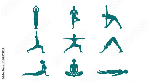 Yoga poses and meditation silhouette icon set for wellness.