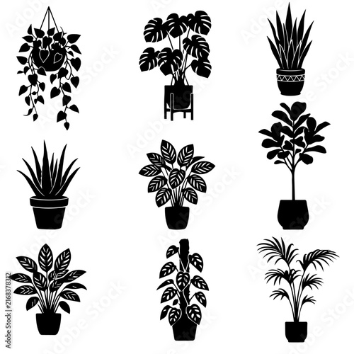 Houseplants in pots silhouette set vector potted plants icons