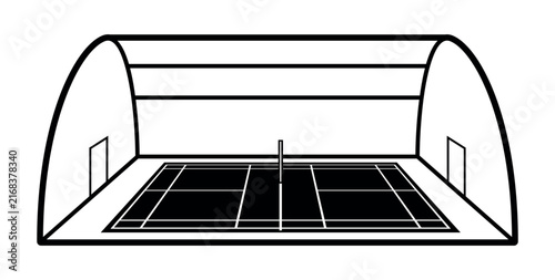 Illustration of an indoor tennis court with an arched frame on a white background for sports competitions and training