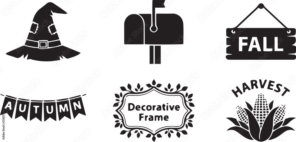 Fototapeta premium Autumn harvest and farm festival vector icon set, gift box, harvest basket, wooden crate label, pumpkin cart, harvest badge and autumn label illustration