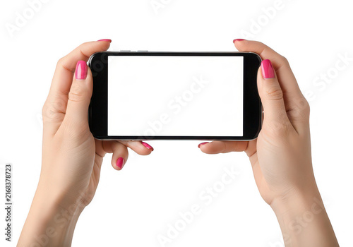 Hands holding a black smartphone on transparent background mobile device