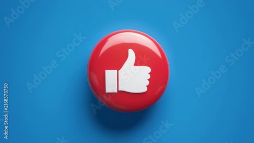 Red thumbs up button animating in sequence on a blue background with cinematic lighting for social media engagement