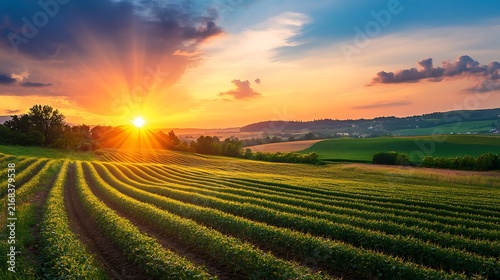 Colorful sunset over a traditional agricultural landscape in summer
