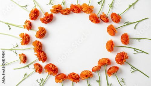 Orange ranunculus flowers arranged in a circle frame on white background