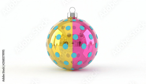 Christmas bauble with yellow and pink polka dot pattern