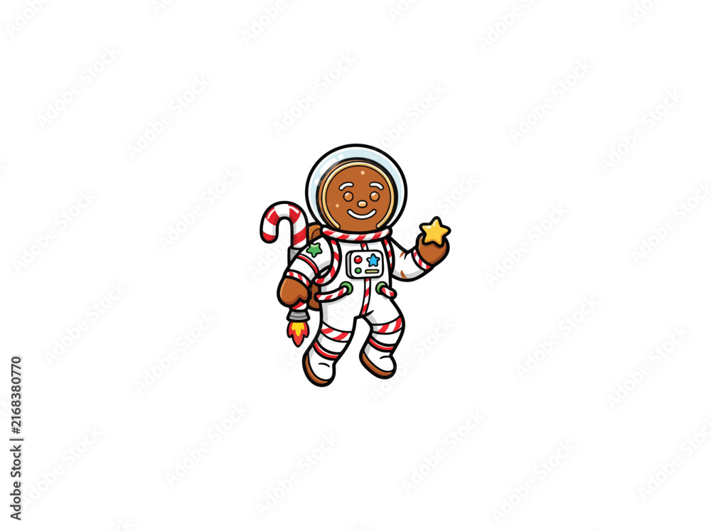 Fototapeta premium Cheerful Gingerbread Man Astronaut In A Decorated Space Suit With Candy Cane Patterns A Glass Helmet And A Golden Star Prop Vector Illustration