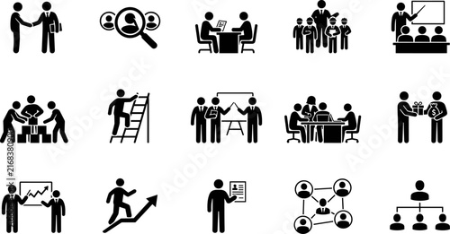 Set of business and management icons including teamwork, leadership, planning, and professional communication