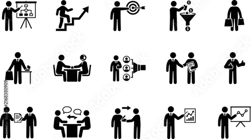 Set of business and management icons featuring professional people in various corporate situations and office activities