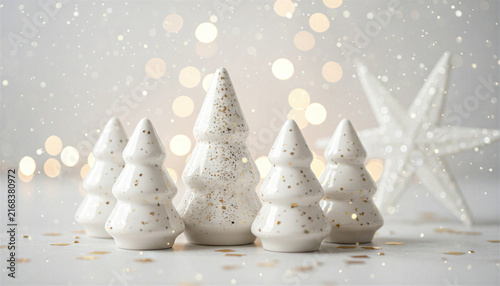 Ceramic Christmas trees and white star on a festive background