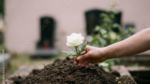 Hand placing white rose on fresh grave soil in cemetery. Mourning and funeral tribute with grief and loss concept. Farewell remembrance and memorial symbol for condolence