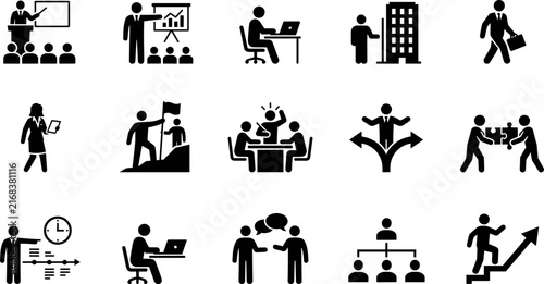 Set of business and management icons representing various corporate activities and professional office work