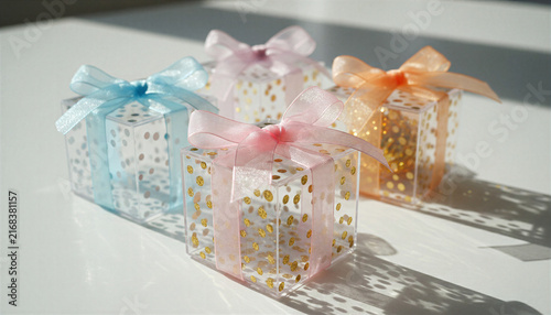 Four small clear gift boxes with gold polka dots