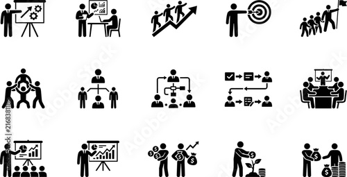 Set of business and management icons representing leadership, teamwork, strategy, planning, and financial growth