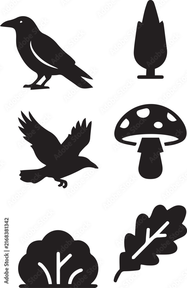 Fototapeta premium Autumn harvest and woodland nature vector icon set, perching crow, flying raven, slender tree, spotted mushroom, bush and oak leaf illustration