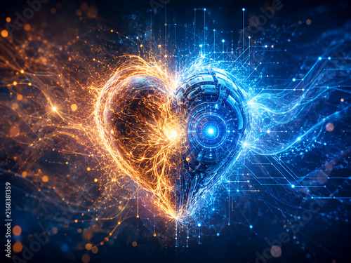 Glowing heart formed by golden and blue digital energy, symbolizing emotional artificial intelligence, human connection and technological harmony.