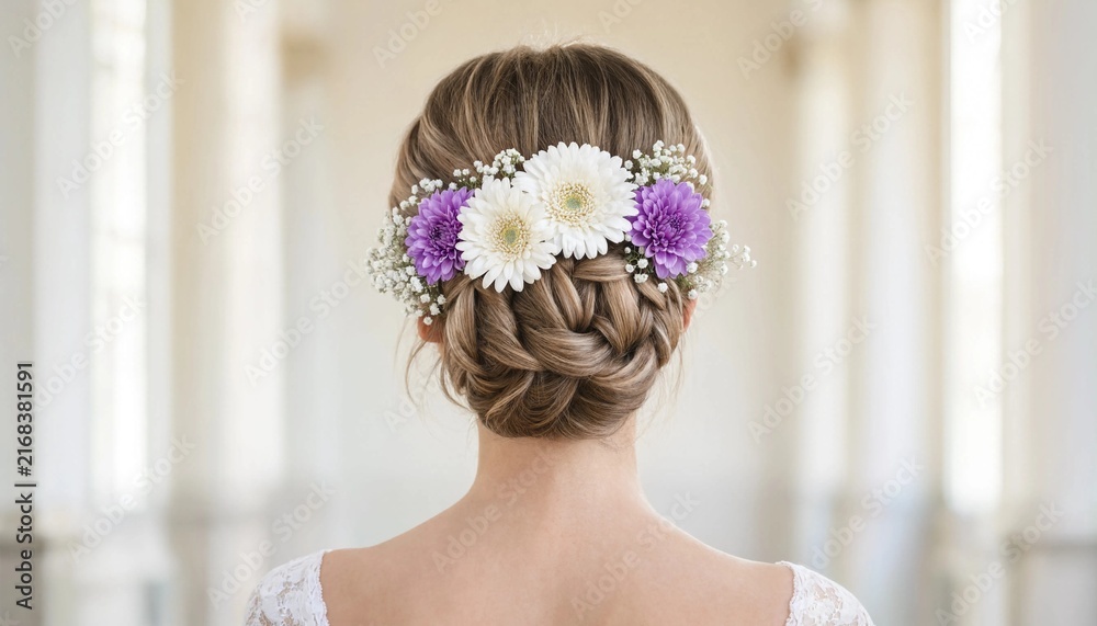 Naklejka premium Elegant bridal hairstyle with a beautiful braided updo decorated with white daisies and purple chrysanthemums