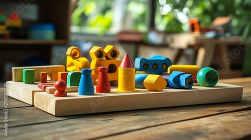 Colorful wooden construction set for children made of wood tool set on a wooden table games and tools for preschool or kindergarten children natural environmentally friendly toys