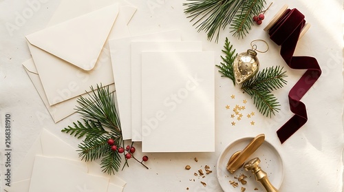Flat lay mockup of blank christmas greeting cards with festive decorations and velvet ribbon