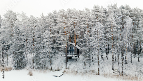 Small wooden cabin nestled among frost-covered pine trees in a winter forest, lithuania winter travel content, cozy cabin getaway marketing, christmas card background, holiday rental promotion