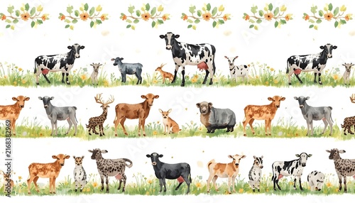 Watercolor Farm Animals Seamless Border Pattern Horizontal Countryside Scene Nursery Farmhouse Design