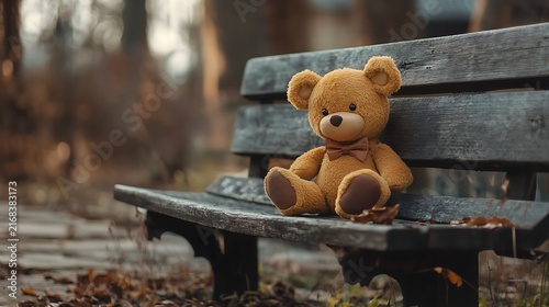Concept spring composition lonely forgotten abandoned vintage toys sitting on a wooden bench